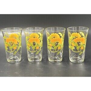 Vintage Hand-Painted Floral Juice Glasses made in Japan Orange Green Gold Dots